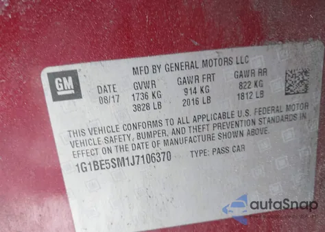 2018 Chevrolet Cruze Lt Auto z USA, uszkodzony, nr VIN 1G1BE5SM1J7106370